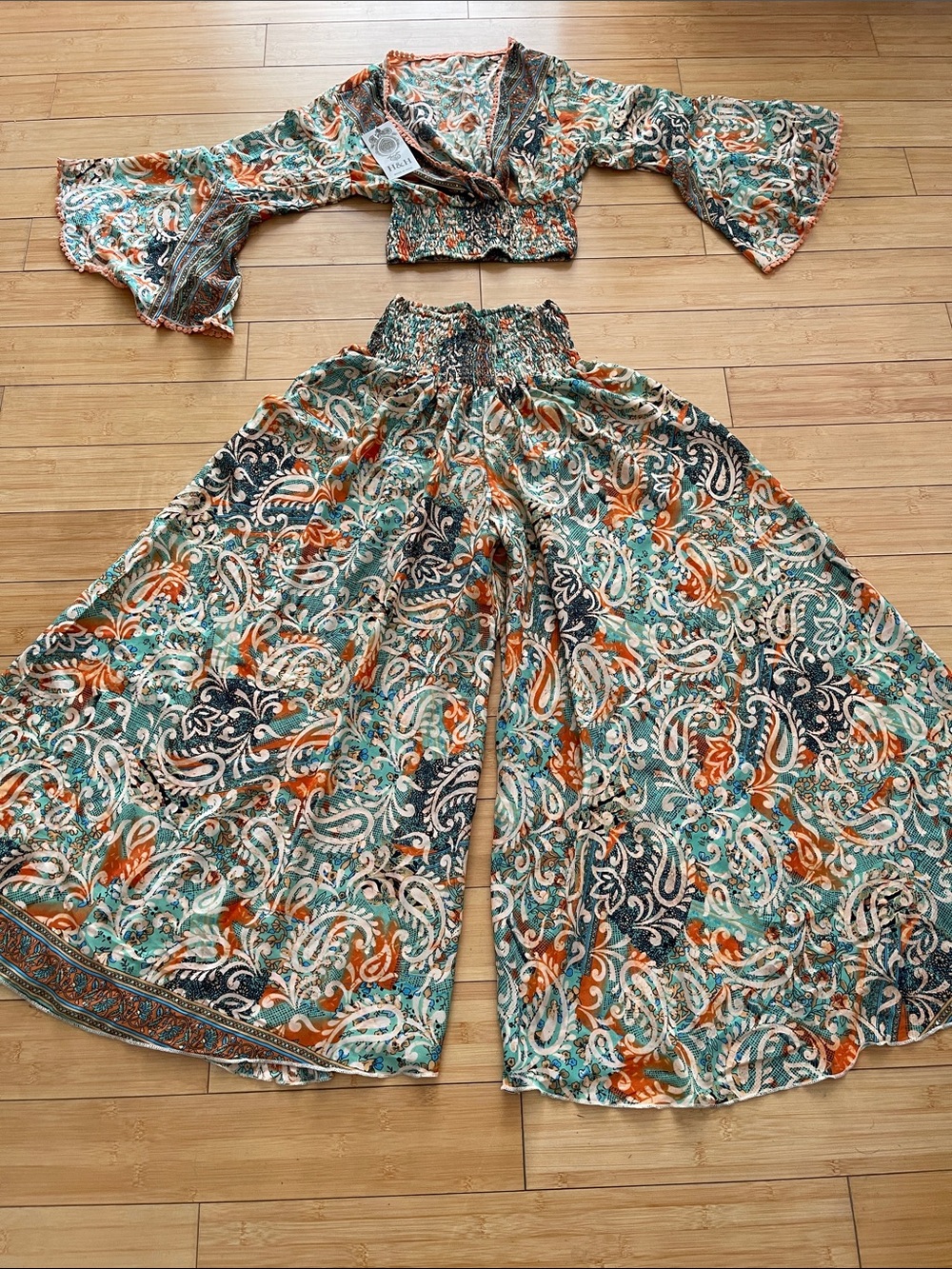 Boho Zara Women Two-Piece Crop Top & Wide Leg Set in Teal, Orange, Cream NWT XS